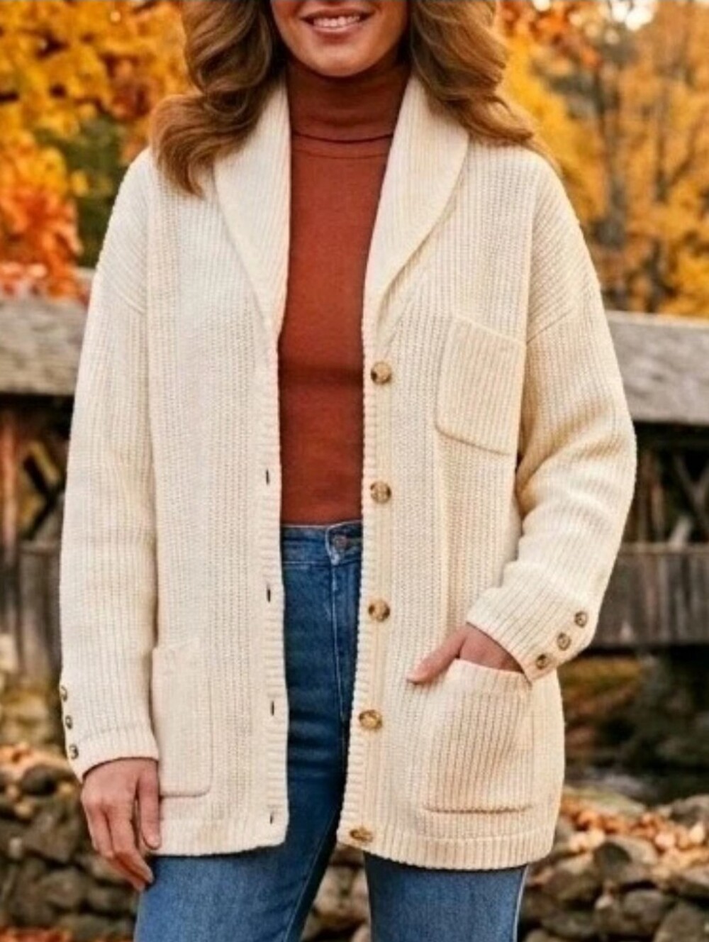 Vtg 70s Sears Cardigan Sweater L Cream White Acrylic Collared Grandmacore Boho